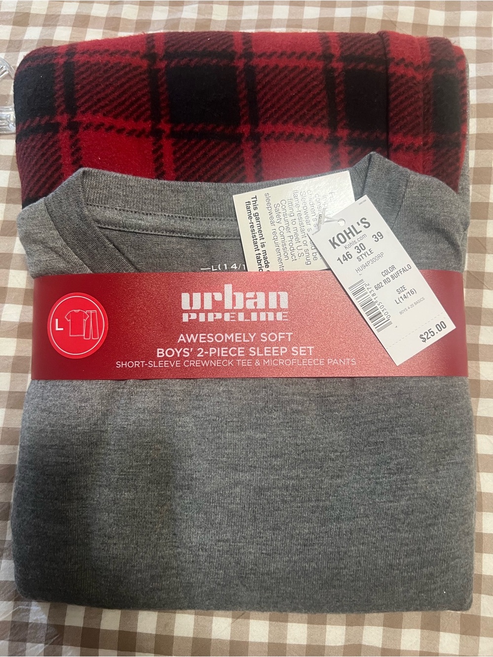 urban pipeline Boys' 2-Piece Sleep Set - Gray Top & Red/Black Plaid Pants